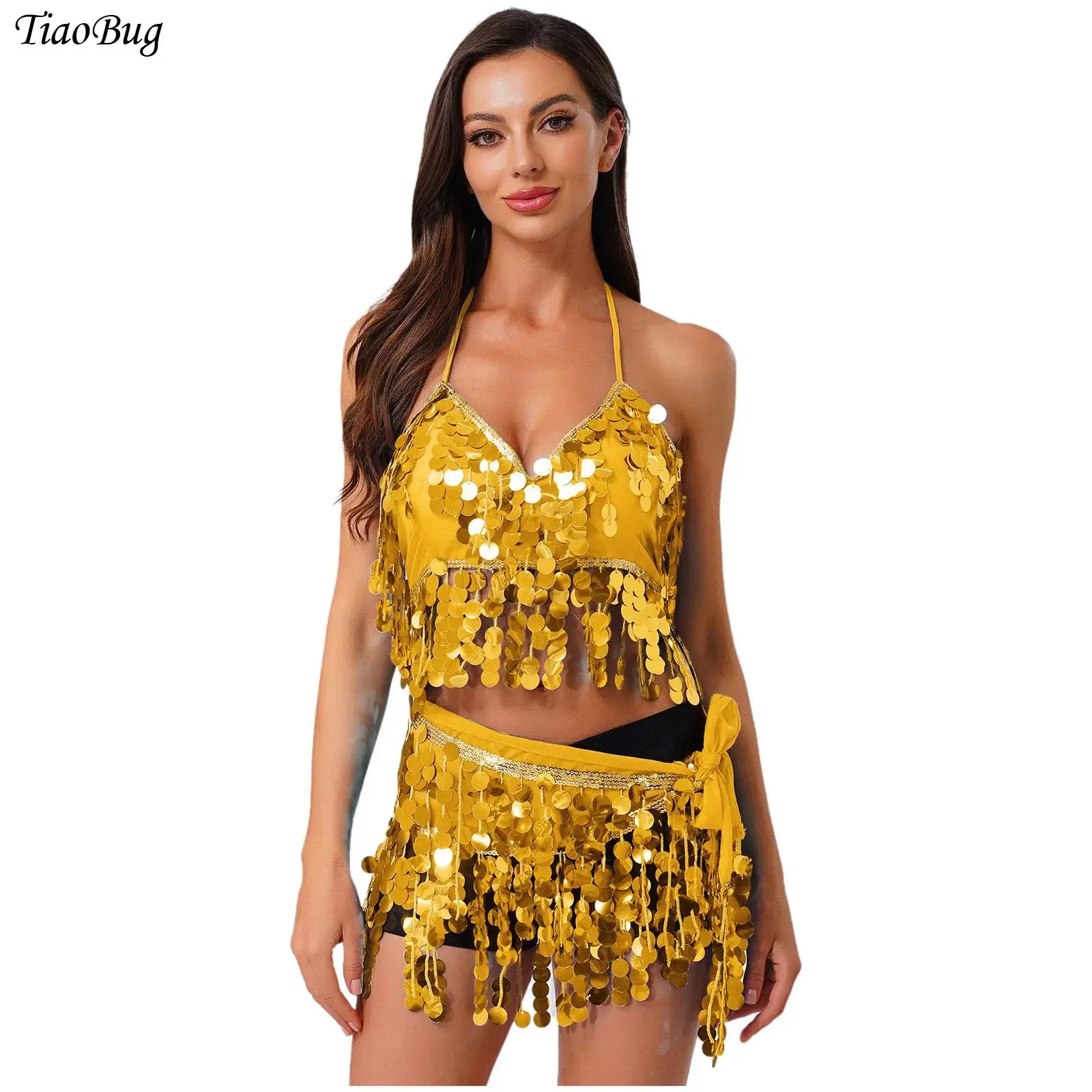 

Womens Indian Belly Dance Costumes Glittery Sequin Tassel Fringe Padded Bra Crop Top+Lace-up Hip Scarf Waist Chain Skirt Set