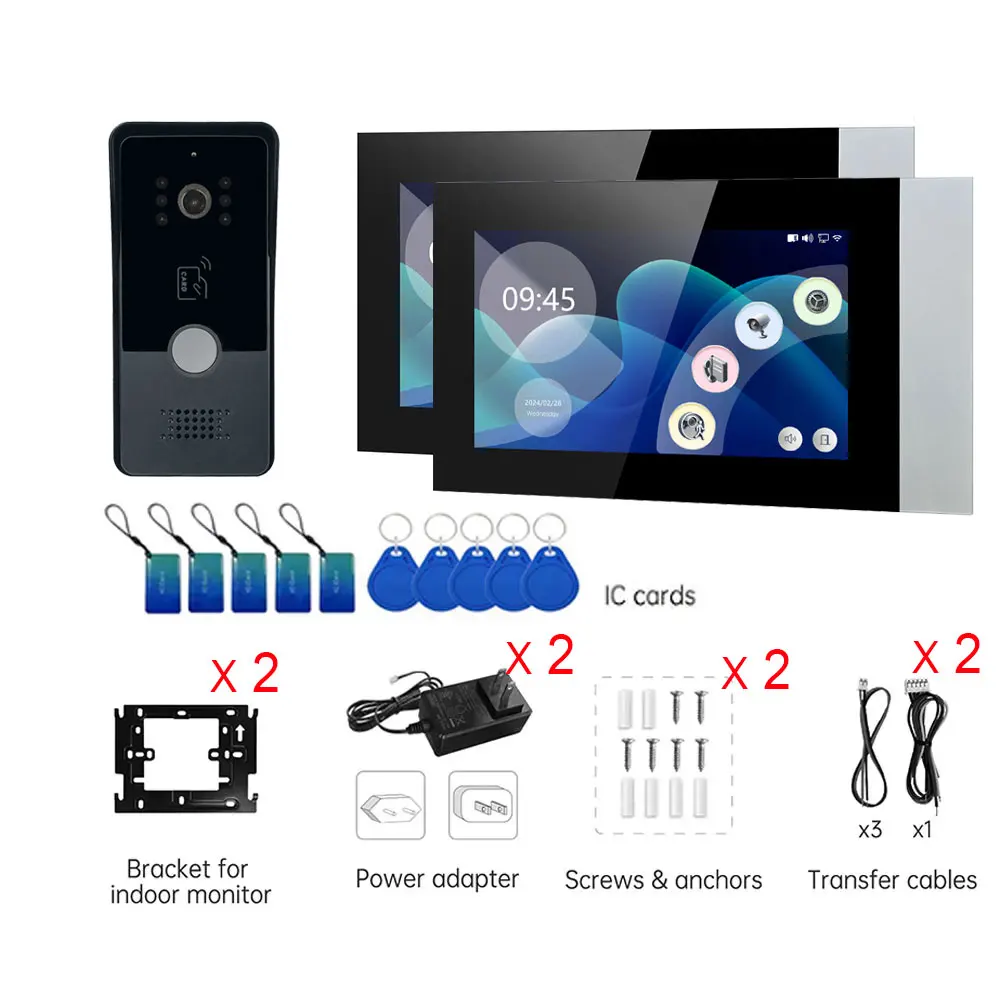 2-Wire Tuya App wifi Video Intercom System 1080P Visual Doorbell + RFID Access HD Camera 2pcs 7inch Color Touch Screen Monitor