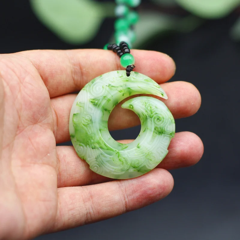 

Chinese White Green Jade Rune Pendant Necklace Fashion Jewelry Double-sided Hollow Carved Natural Charm Amulet Gifts for Women