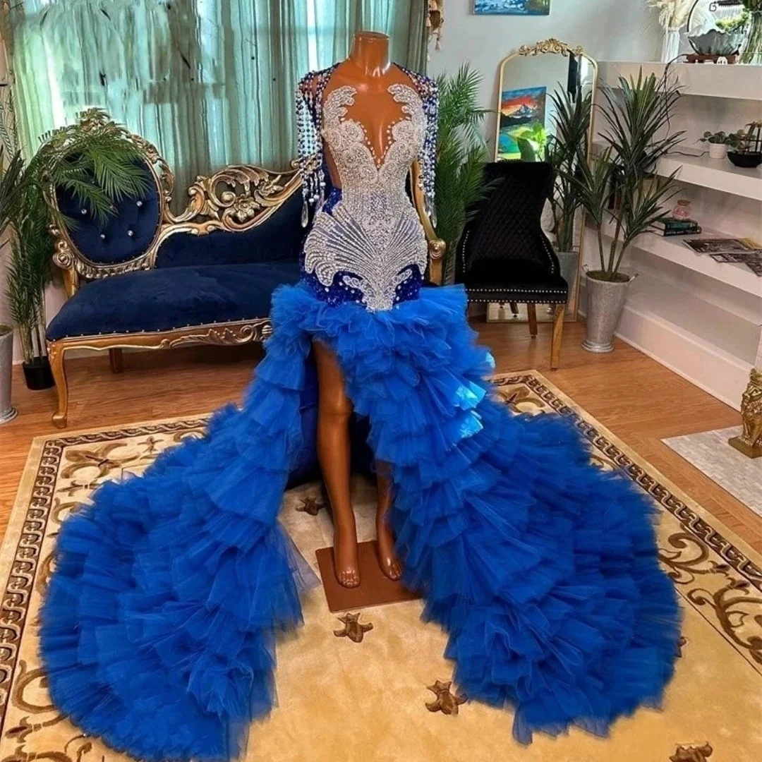 Royal Blue African American Long Prom Dresses For Black Girls Mermaid Sheer Tiered Crystals Elegant Evening Gown Customized