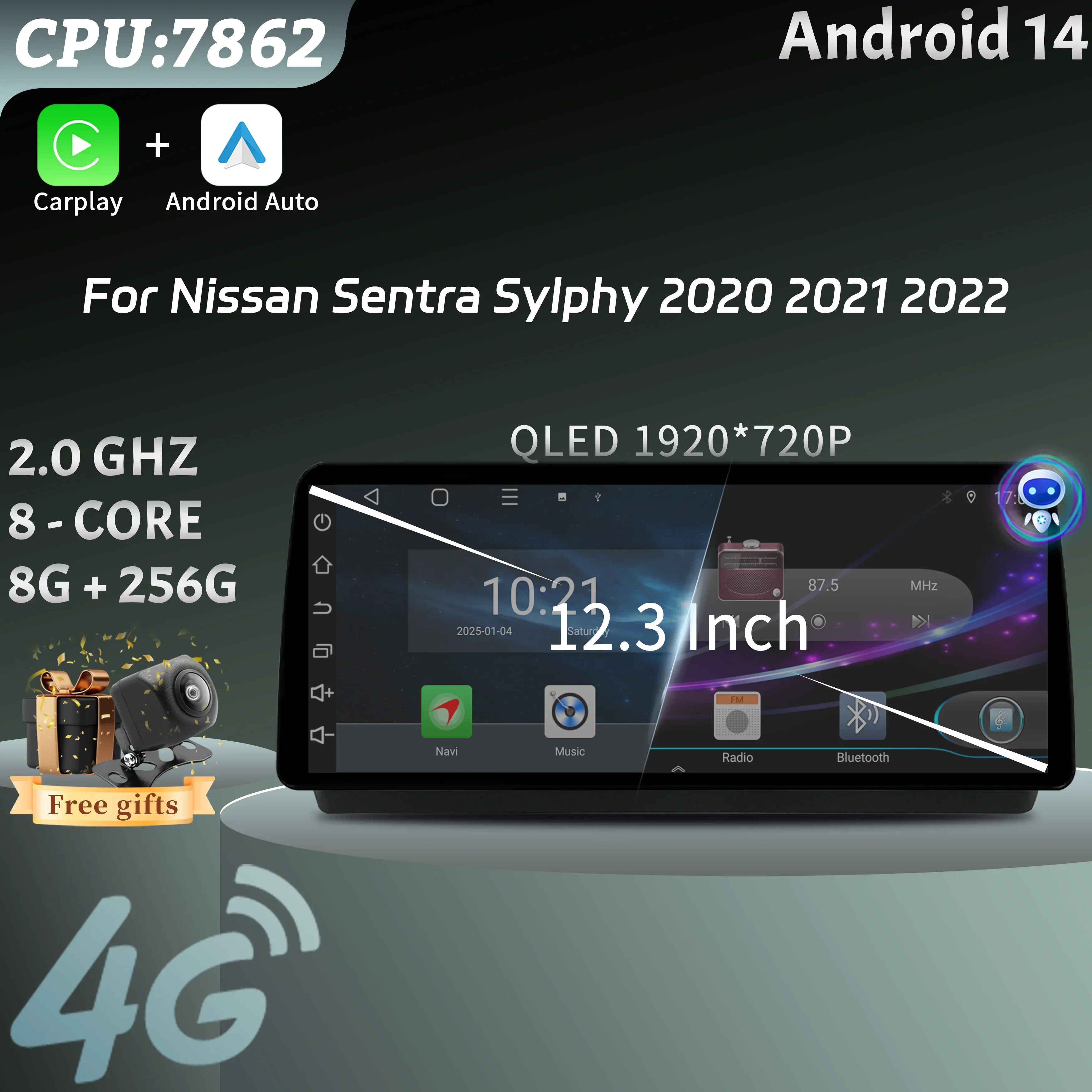 

12,3 "Android 14 для Nissan Sentra Sylphy 2020 2021 2022 Автомобильный радиоприемник Мультимедиа Беспроводной Carplay Android Мультимедиа 4G GPS Экран