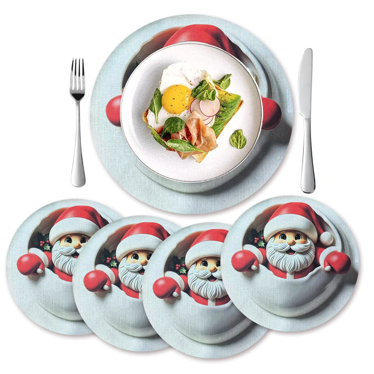 2D Flat Printed White Plate Cute Santa Claus Table Mats For Christmas Party Home Decoration Dining Table Coaster Cup Pad Mat
