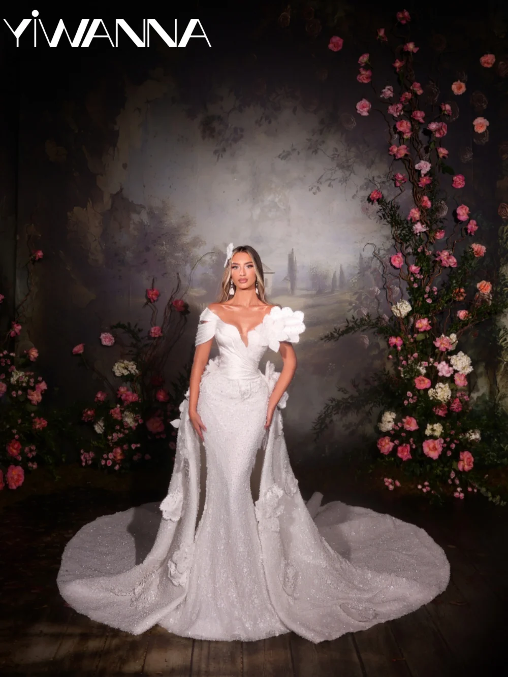 

White Dreamy 3D Floral Beaded Wedding Dress Detachable Train Off Shoulder Bridal Gown Customized Opulent Long Dresses For Bride