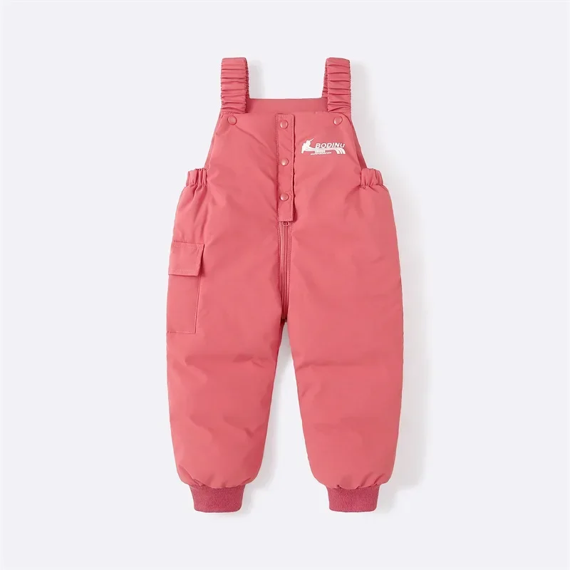 

2023 Autumn Winter Baby Boys Overalls Solid Color Lining Plush Keep Warm Jumpsuit For 1-4Y Toddlers Kids Down Cotton Trousers