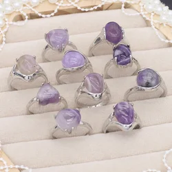 10pcs/set Natural Stone Amethyst Mixed Style Ring Metal Ring Irregular Shape Heart for Women Girls Jewelry Party Wedding Gift