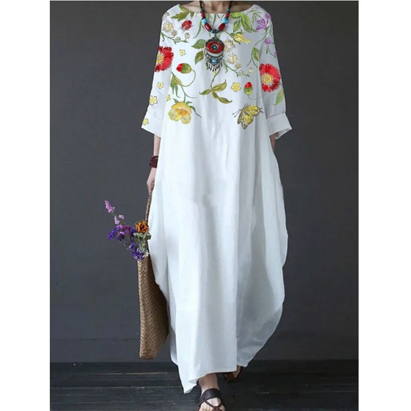 

2023 Summer Loose Dress Women Clothing O Neck Retro Print Beach Streetwear Casual Women Dress