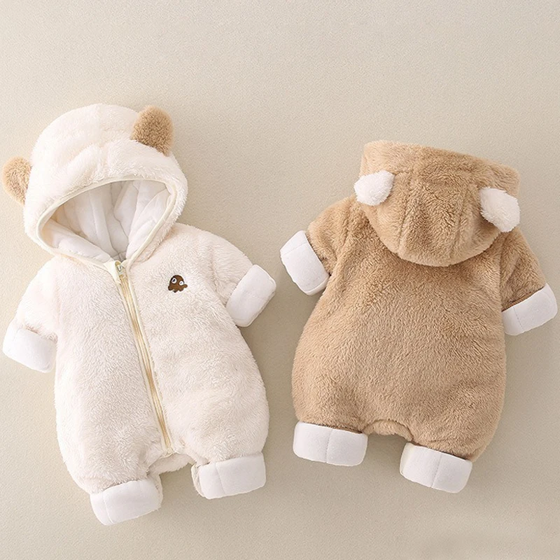AYNIGIELL Korean Version Baby Plush Jumpsuit, Thickened and Warm Hooded Jumpsuit, 0-18 Months Cotton Outdoor Clothing