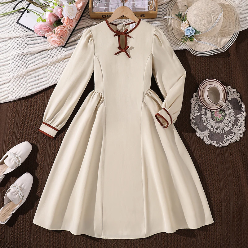 

Big Girls Vintage Solid Dress, Red Trim Neck Cuff Bow Decor Back Zip Long Sleeve Loose Swing Spring Daily Outfit