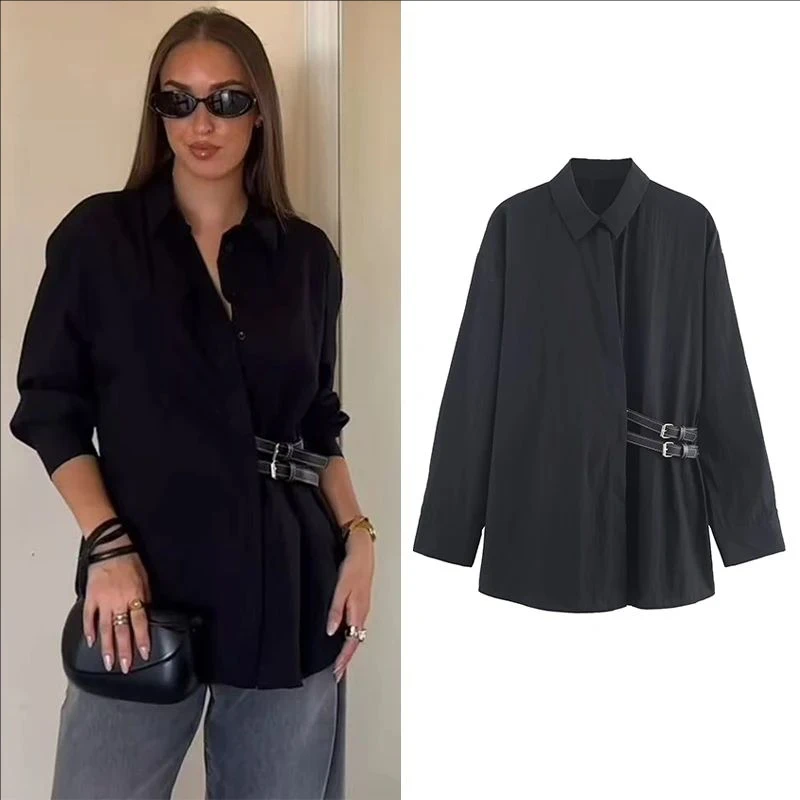 

Women Vintage Shirts With Belt Solid Color Spring Autumn Female Long Sleeve Turn-down Collar Blouses Lady Single-breasted Tops