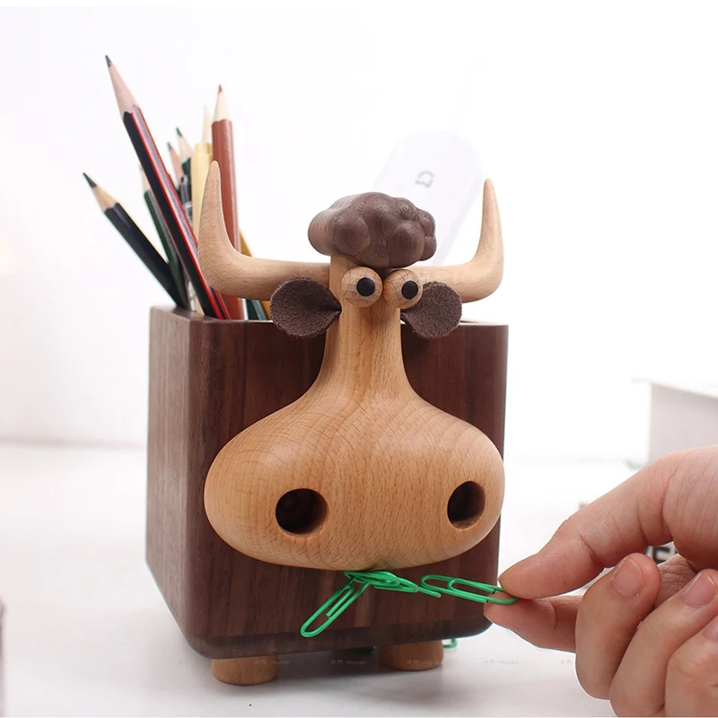 Cute Bull Shaped Wooden Pen Holder Multi-functional Desk Organizer with Magnetic Paper Clip Storage for Office & Home