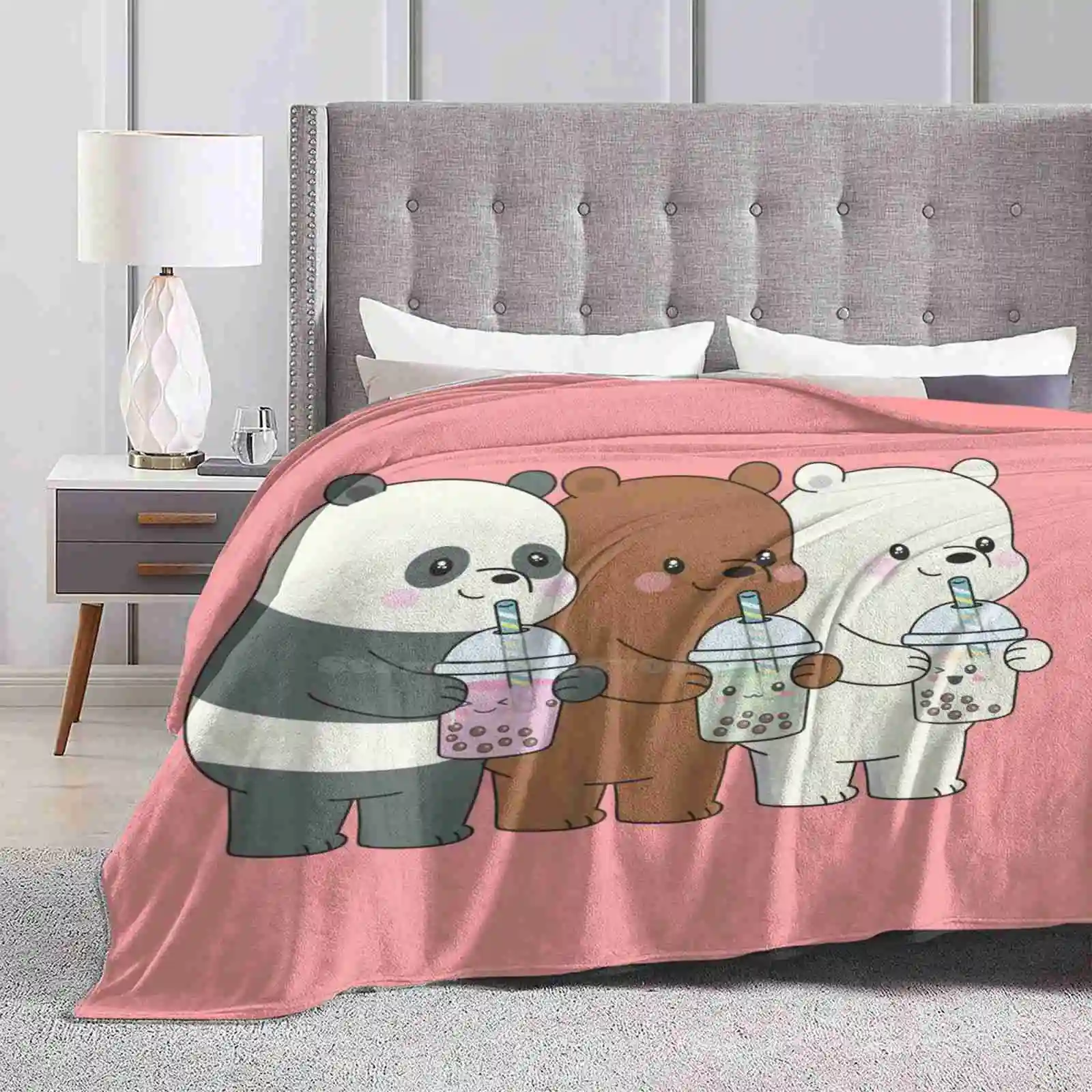 Hot Sale Printing High Qiality Warm Flannel Blanket Cartoon Brothers Ice Bear Polar Bear Grizzly Bear Honey Bear Selfie Stick