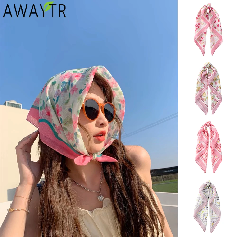 AWAYTR Pink Flower Pattern Headband Hair Scarf Bands for Women Party Headwear Cartoon Print Bandana Turban Hairband Headpiece