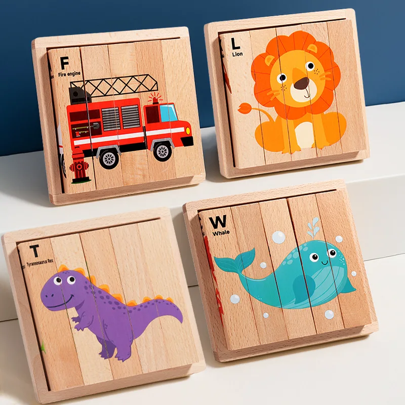 

Wooden Stereoscopic Strip Animal Transport Building Blocks, Traffic Dinosaur Puzzle Enlightenment Toy, 4-sided Pattern Puzzle