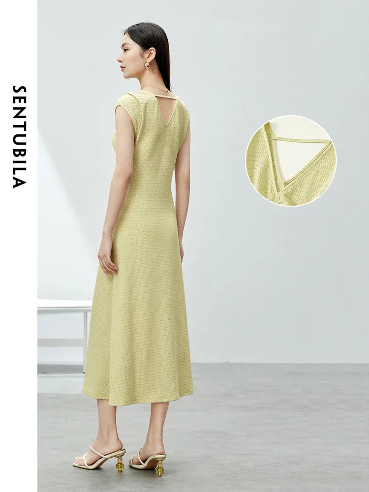 Sentubila feminino com decote em v shirring longo tanque vestido 2025 verão elegante moda sem mangas a linha vestidos de malha mulher 142l54118