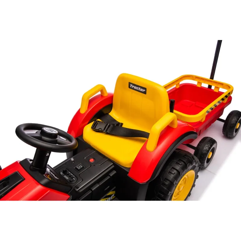 Giocattolo del trattore elettrico per bambini rosso con telecomando e rimorchio per bambini che cavalcano sul veicolo per ragazzi e ragazze, giochi all'aperto, fattoria per bambini