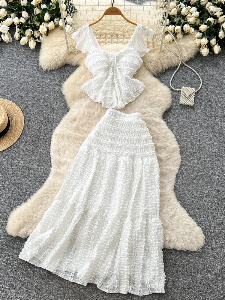 

Summer Sweet Camisole Top Pleated Skirt Set for Women's New Fashion Sexy Beach Style Two-piece Set C511