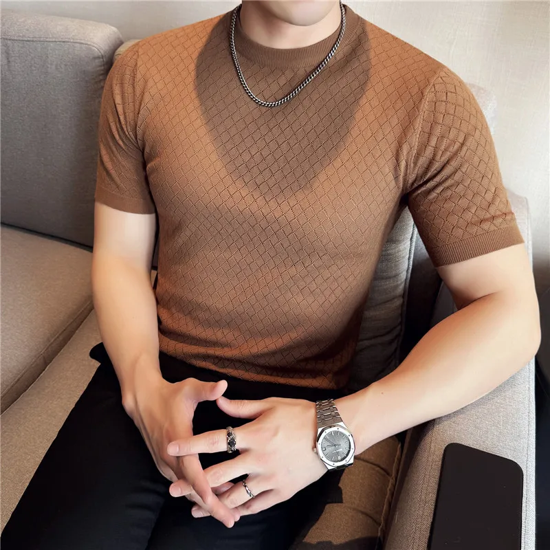 Men Short Sleeved T-shirt High Elasticity Summer New Light Thin Mesh Hollow Breathable Solid Color Casual T-shirt Men Clothing