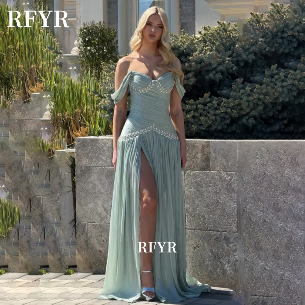 

RFYR Off Shoulder Prom Dress with Pleats Crystal Stones Party Dress Evening Dress for Princess vestidos de fiesta Customized