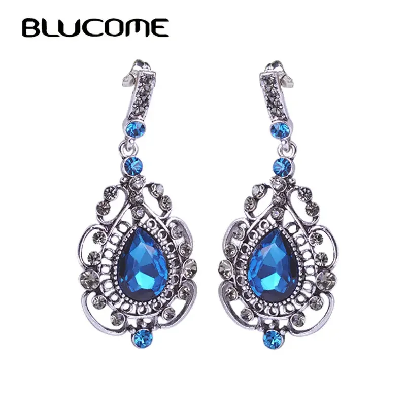 Blucome Vintage Royal Long Blue Earrings Drop Pendientes Max Brincos Bijuterias Turkish Jewelry Bijoux For Bridal Wedding