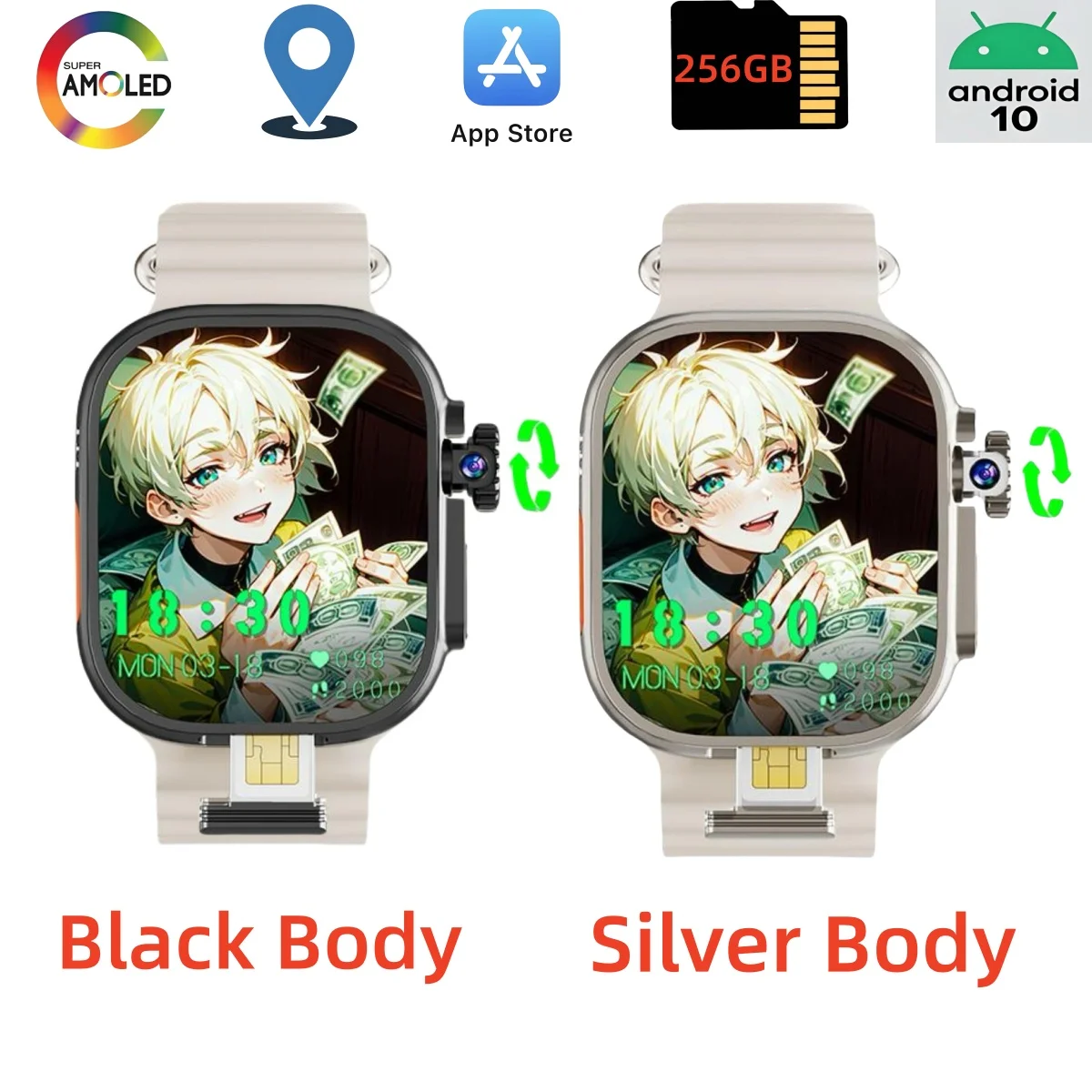 S10 Ultra MAX Cellular Version Smart Watch 4G SIM Card 180° Rotaty Camera Play Store 256GB  App Download Amoled Smartwatch GPS