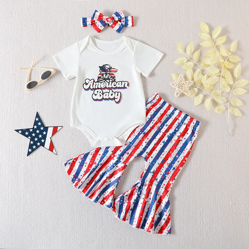 Baby Girl Patriotic Outfit Letter Print Short Sleeves Romper Star Stripe Flare Pants Headband 3 Piece  Independence Day Clothes