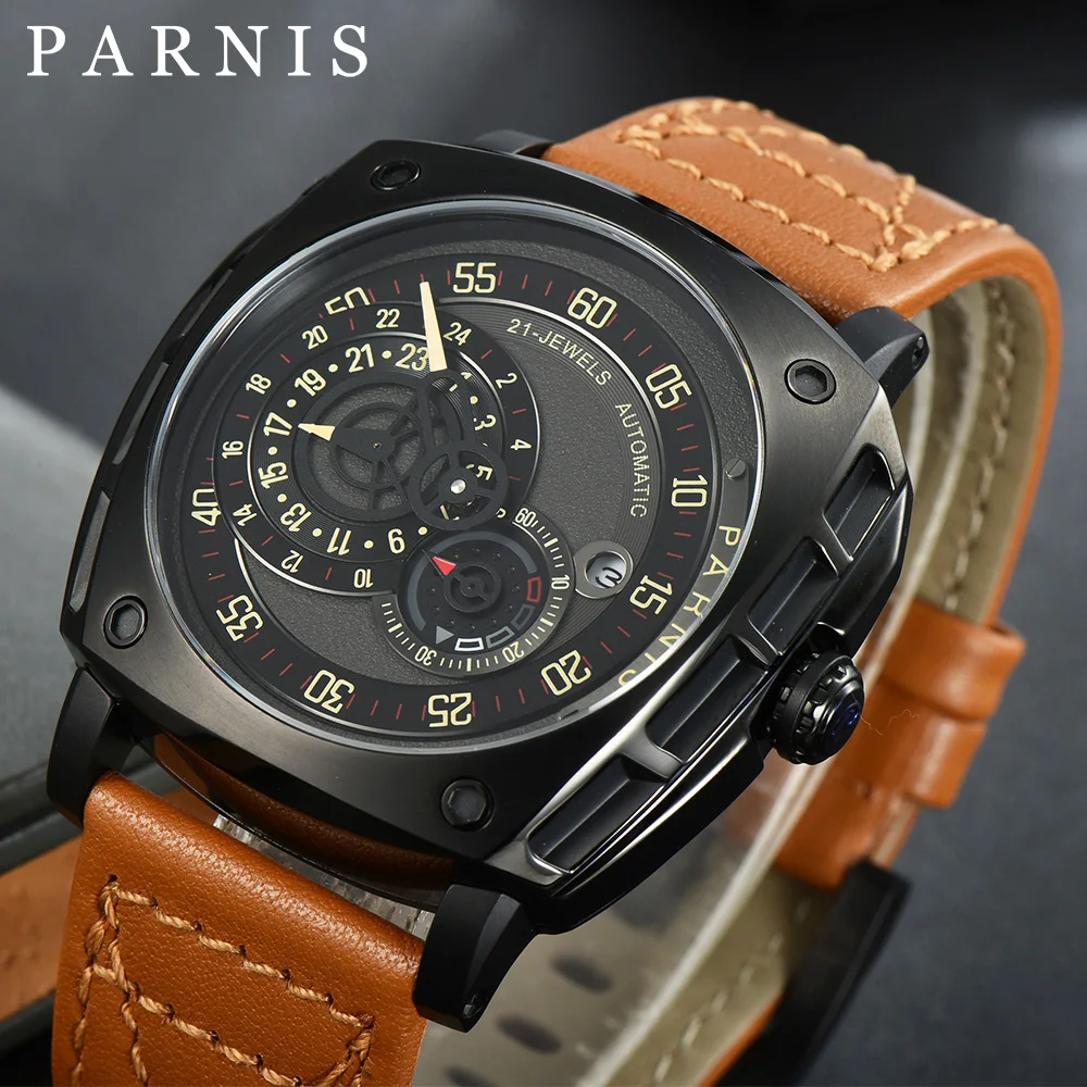 

Parnis 44mm Silver Stainless Steel Case Automatic Mechanical Men Watch Leather Strap Sapphire Crystal Men's Watches