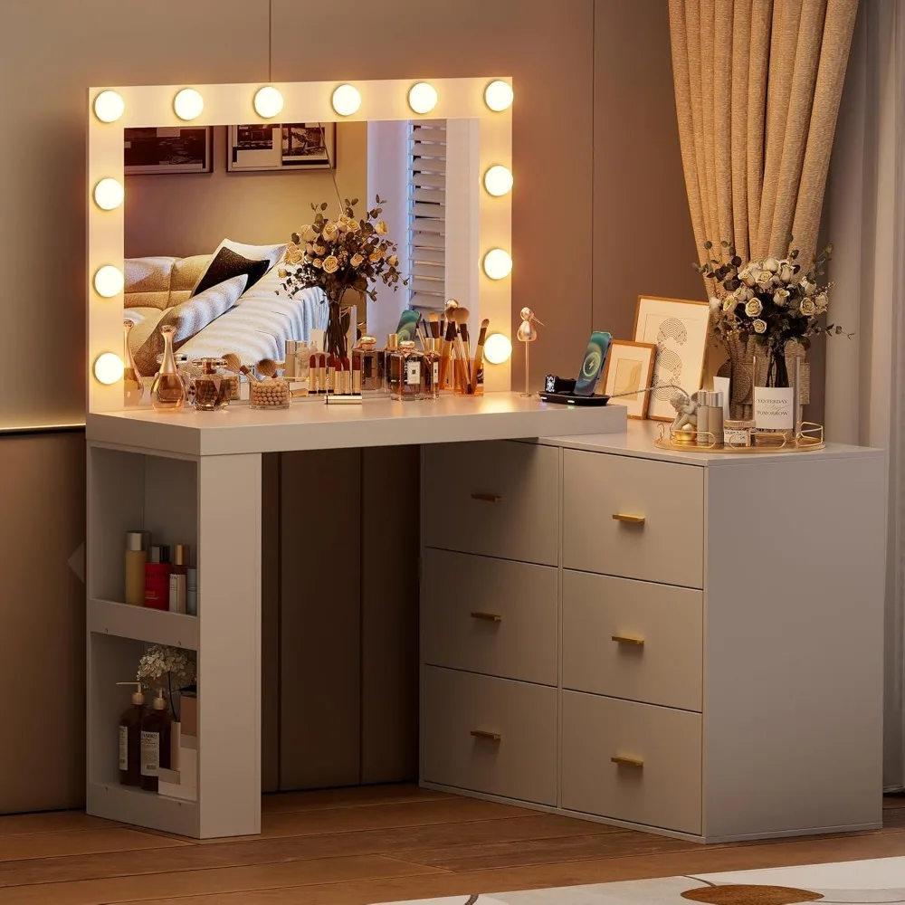 Vanity Makeup Desk with Mirror and 3-Color Lights, Charging Station,6 Drawers,Side 2 Storage Shelves for Bedroom. Dresser image 3