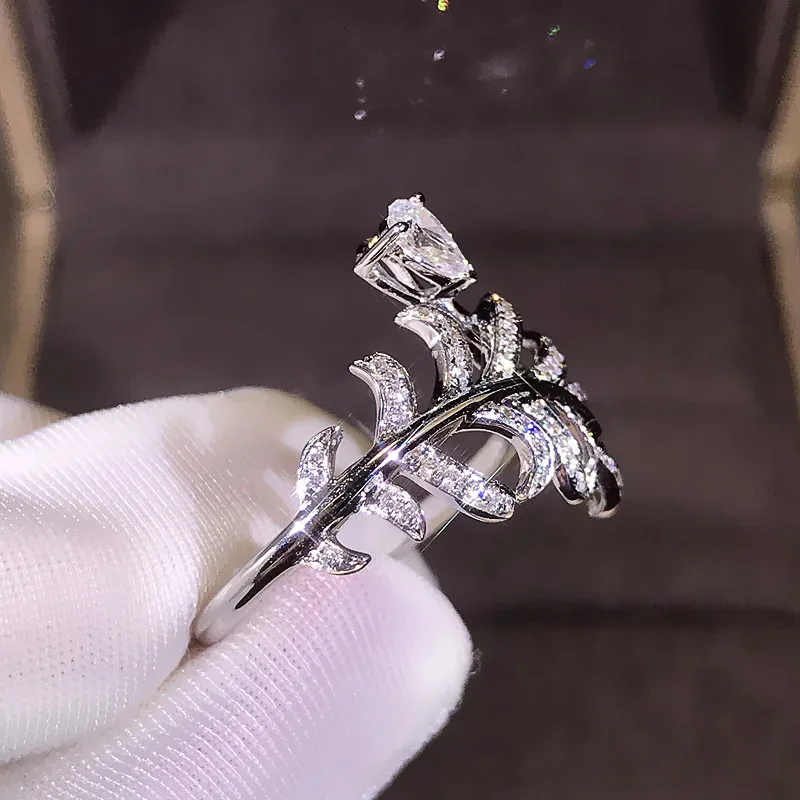 موضة 925 فضة ليف على شكل خواتم النساء الفاخرة Waterdrop زركونيا مزاجه سيدة اكسسوارات مجوهرات حفلات الزفاف #4