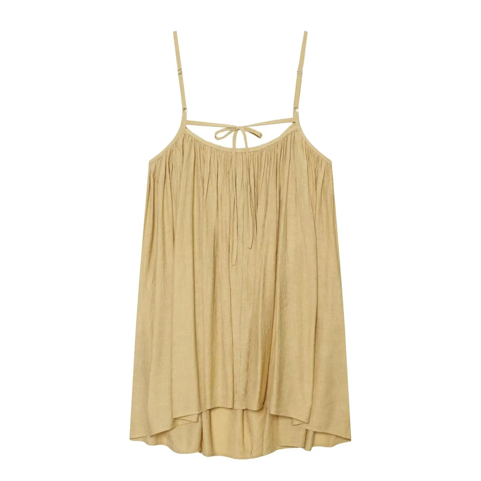 TFMLN Women Round Neck Pleated Sling Dresses Summer New Sleeveless Loose Fit Backless Solid Dress Fashion Holiday Casual Clothes