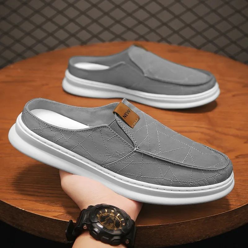 Canvas Shoes for Men in Summer, Breathable Cloth Shoes for Lazy People, One Foot Without Heels, Soft Soles, Casual Half Slippers