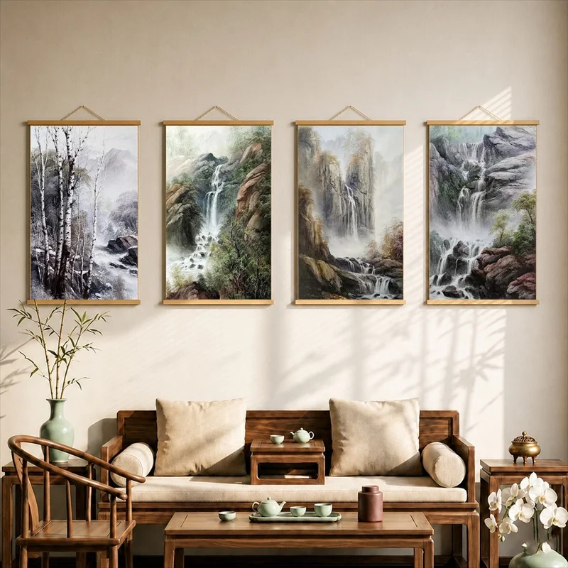 Wall Art Textured Mountain Meadow, Palette Knife Style Pearlescent Canvas Hanging Scroll with Wooden Rods for Living Room
