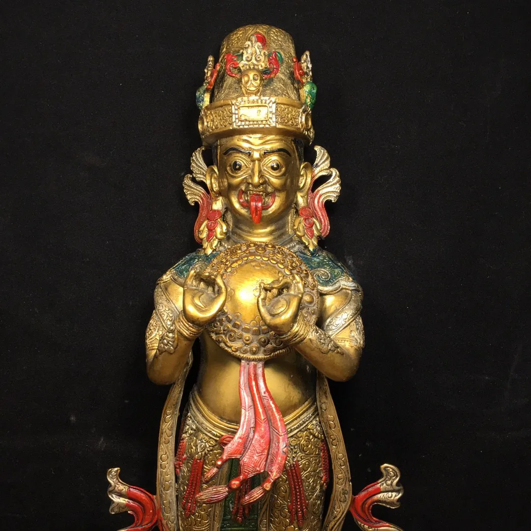 Tibetan Old Bronze Buddha Pure Copper Gilded Gold Painted and Colored Zakiram Avalokitesvara Buddha Statue 41cm Home and Hall Su