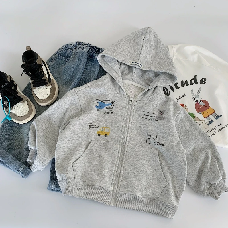 

2025 Autumn New Flower Grey Sketched Pattern Thickened Woolen Loop Zipper Hoodie