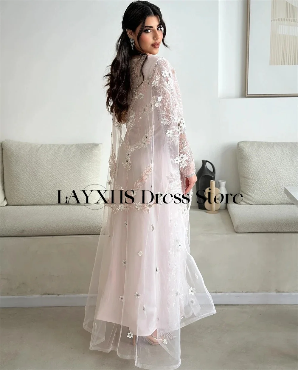 LAYXHS Requintado Vestidos de Noite com Decote em V Rosa Renda Applique Frisado Tule Tornozelo-Comprimento Vestido de Baile Personalizado فساتtessori