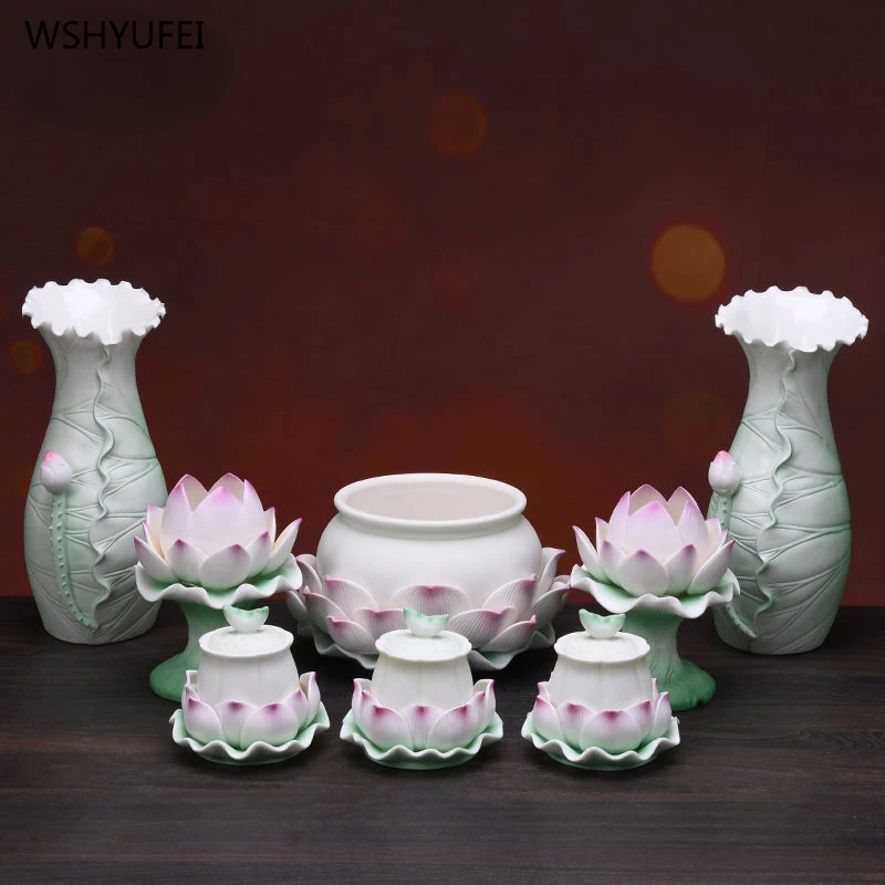 Candelabro de loto de cerámica, suministros budistas, quemador de incienso de loto, taza de agua bendita, ofertas y adornos para el hogar, 1 Uds.