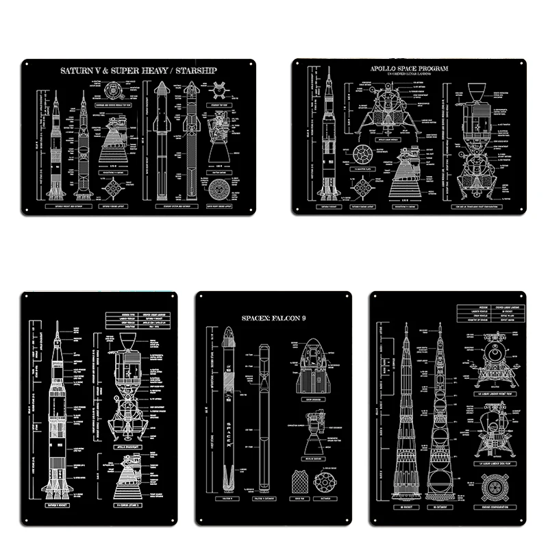 Saturn V Apollo Crewed Lunar Expedition White Stencil No Background Vertical Heavy Starship Metal Plaque Create Tin Sign Poster