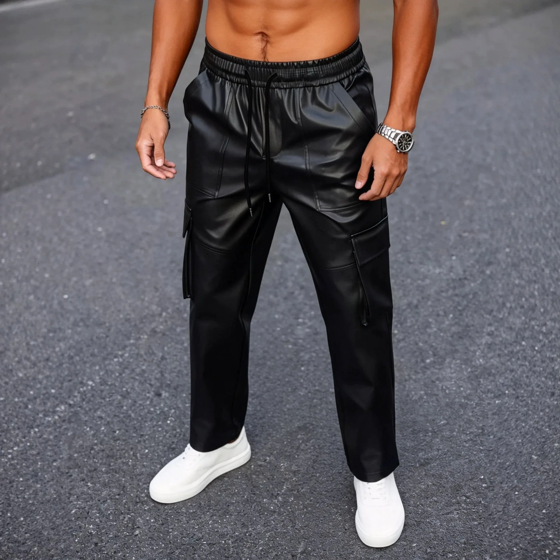 Men's PU Leather Cargo Pants, American Moto Multi-Pocket Straight Faux Leather Casual Trousers