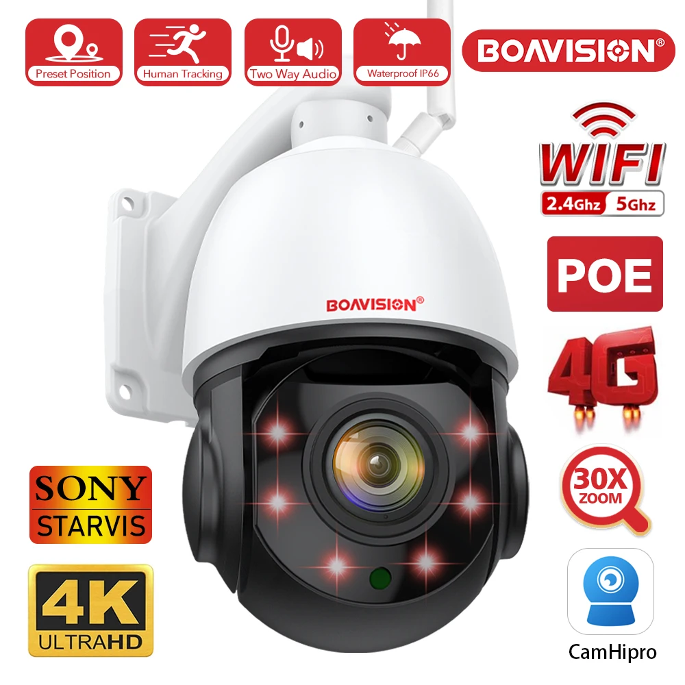 4K 8MP Surveillance Camera WIFI/4G SIM Card/POE 30X PTZ Outdoor Human Auto Tracking 2-Way Audio 2.4Ghz 5Ghz Wifi Security Camera