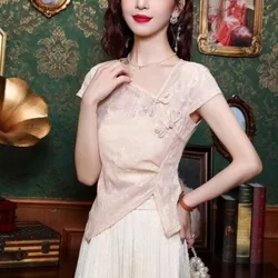 Irregular Pullover V-neck Patchwork Lace Women's 2024 Summer New Chinese Style Button Solid Color Slim Elegant Short Sleeved Top