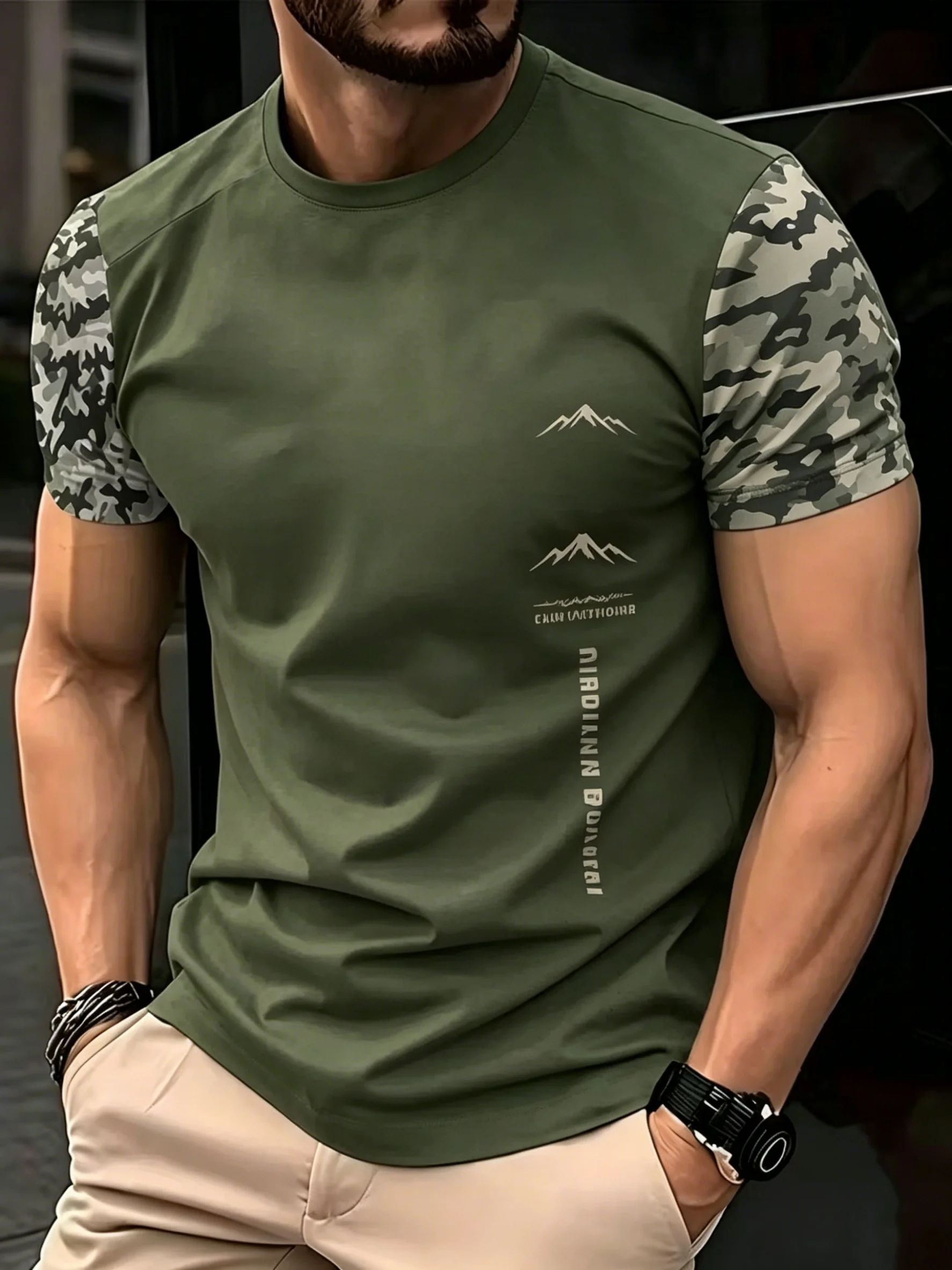 New men's short-sleeve T-shirt, loose-fitting and tailored with printed designs, versatile basic crew-neck top suitable for spri