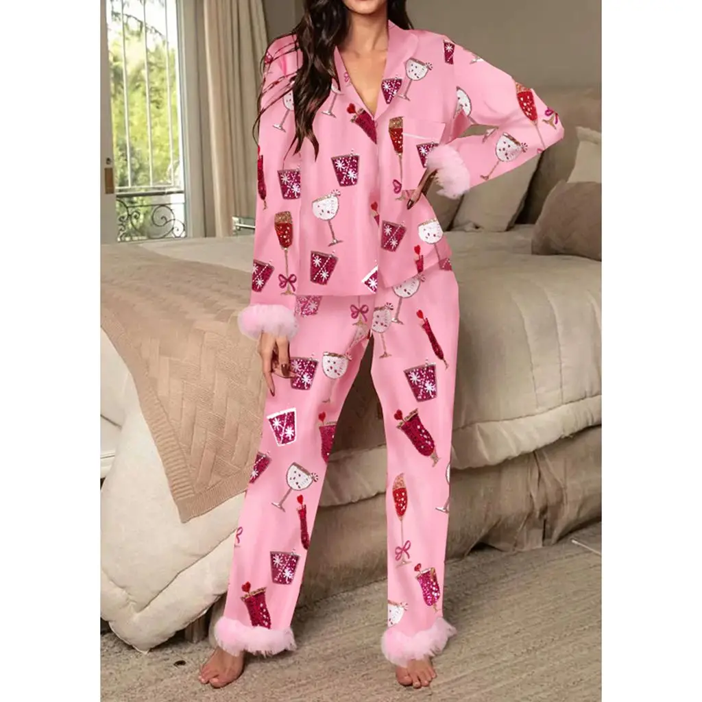 HEZIOWYUN Women's 2Piece Feather Fuzzy Cuff Loungewear Pajamas Set Long Sleeve Lapel Neck Goblet Print Shirt + Pants Sleepwear