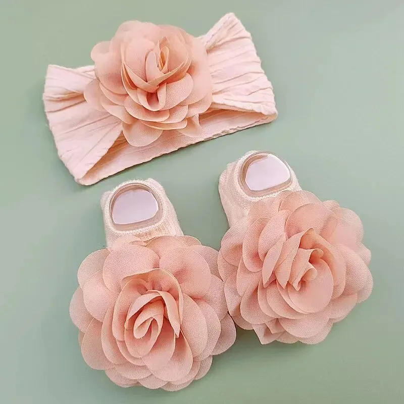 Cute Baby Socks+ Headbands Set Non Slip Cotton Sock Lace Flower Newborn Hair Band Turban Girl Hair Accessories