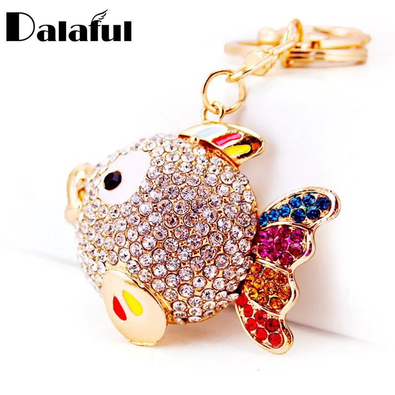 Dalaful Colorful Crystal Tail Fish Goldfish Keychains HandBag llaveros Keyrings Key Chains Purse Bag Pendant For Car Women K252