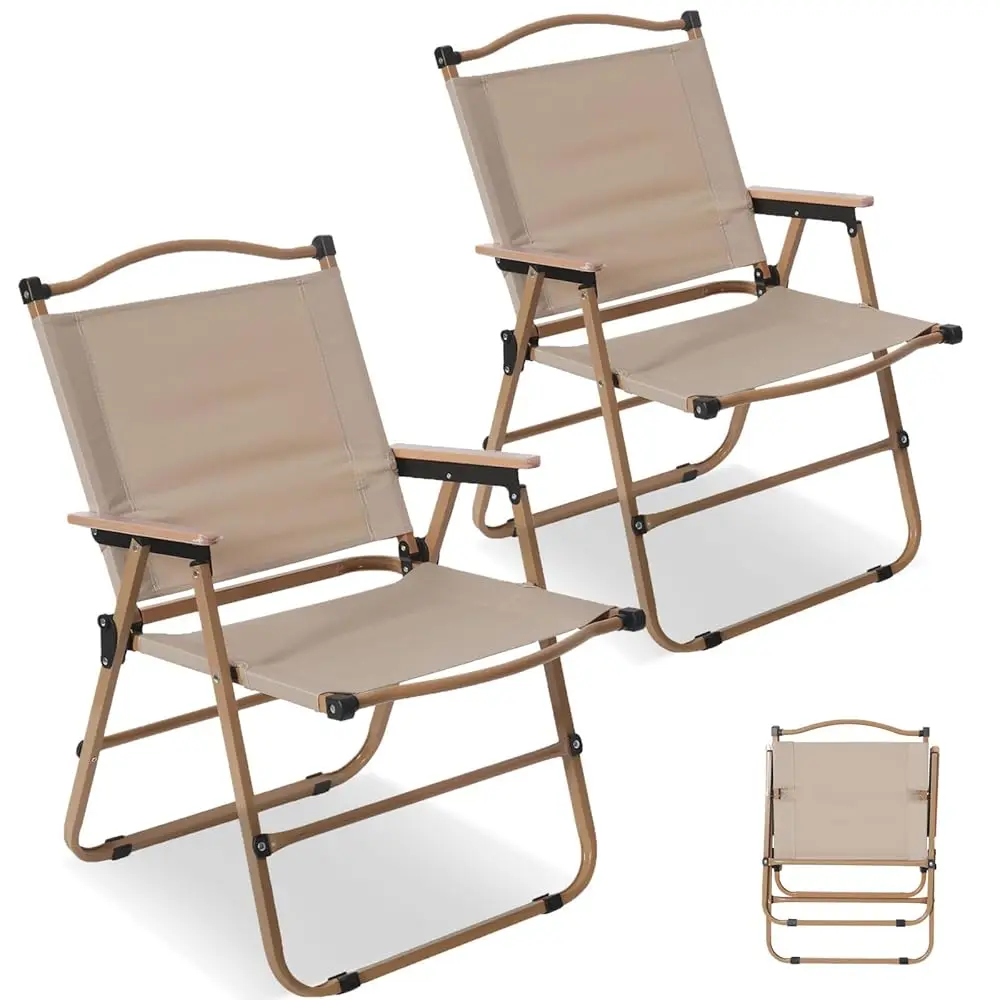 

2 Pa Folding Camping Chairs For Adults, Portable Outdoor Beach Chair Foldable, Outdoor Camp Chairs With Metal Frame Wooden