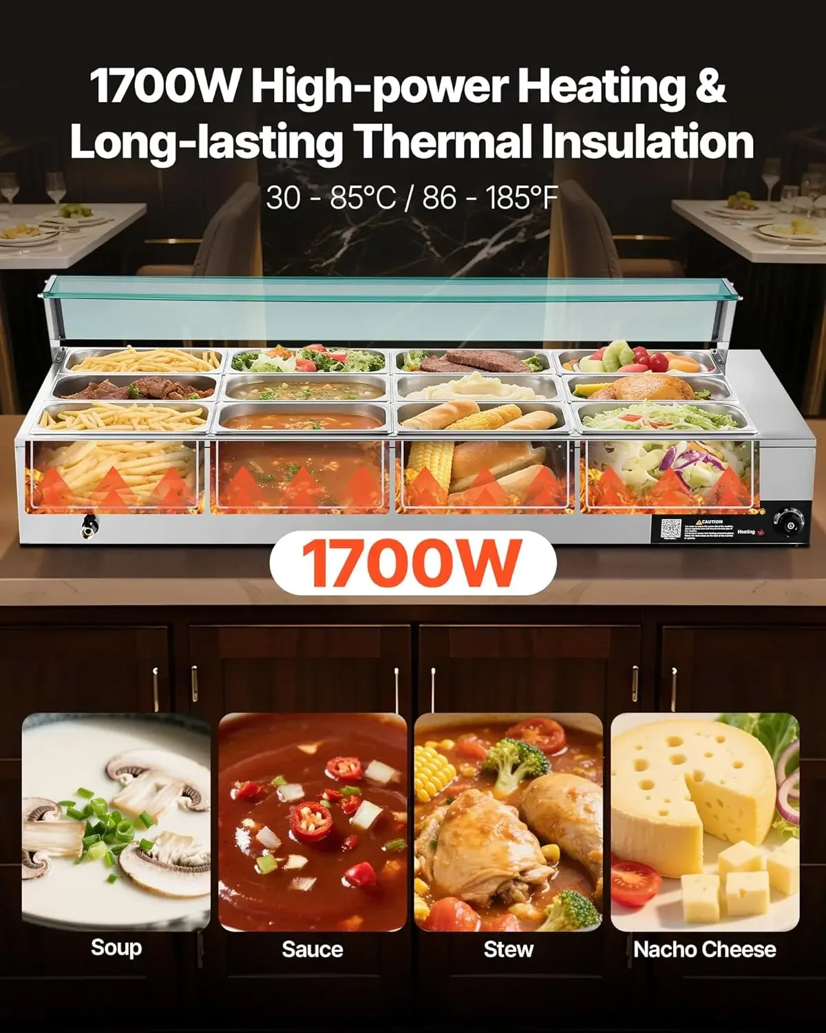 Commercial Food Warmer 1700W Electric Stainless Steel Steam Food Warmer with Glass Cover 12 Pan Countertop Buffet Bain Marie