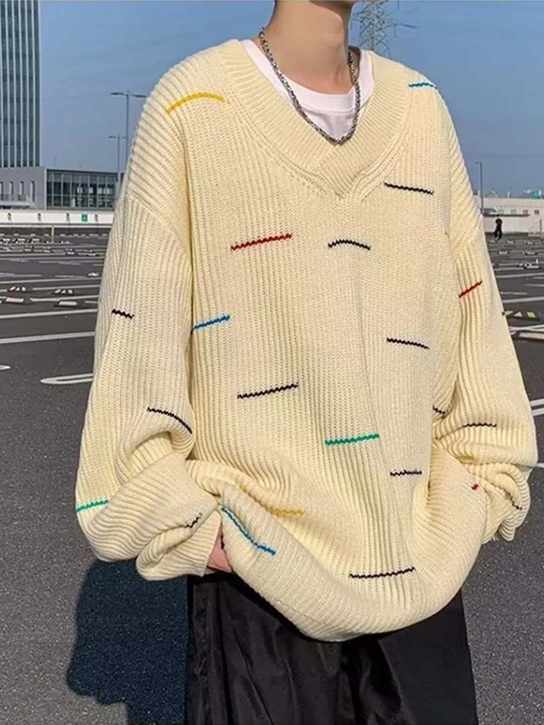 

Корейский винтажный свитер унисекс с V-образным вырезом, осенне-зимний, в полоску, в университетском стиле, вязаный, повседневный, свободного кроя