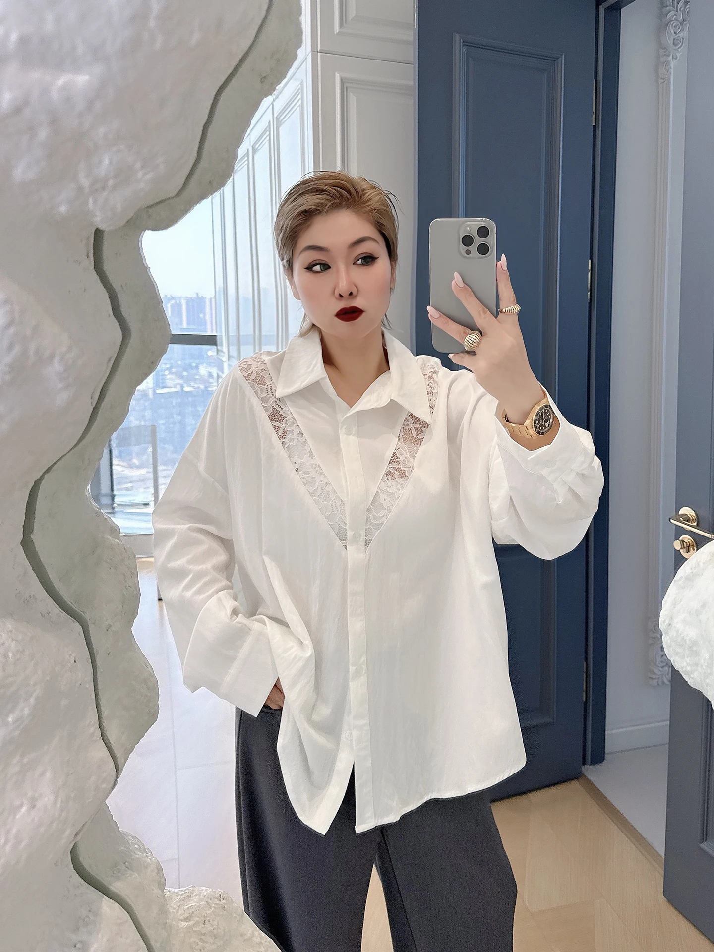 

Элегантная повседневная женская блузка с длинным рукавом и кружевными вставками, больших размеров, в стиле для офиса, простой топ для полных женщин весом до 200 фунтов