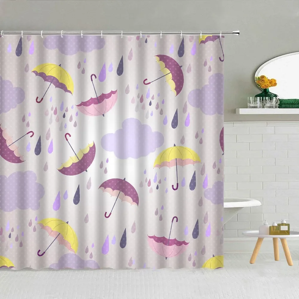 Cartoon Style Umbrella Printed Shower Curtain Colorful Rain Drops Boy Girl Bathroom Decor Waterproof Fabric Screen with Hooks