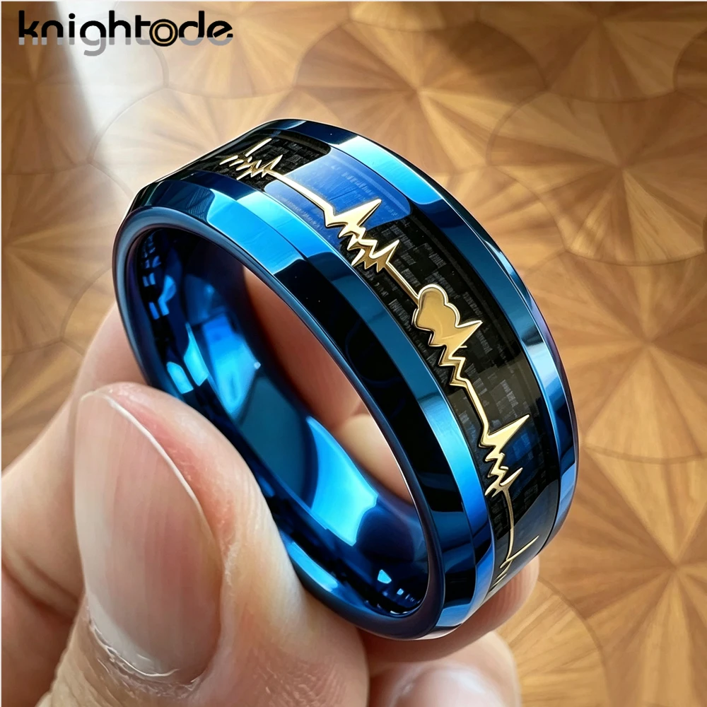 8mm Tungsten Carbide Ring with Carbon Fiber Inlay Gold Plated EKG Heartbeat Design Wedding Band for Men And Women Anniversary view 5