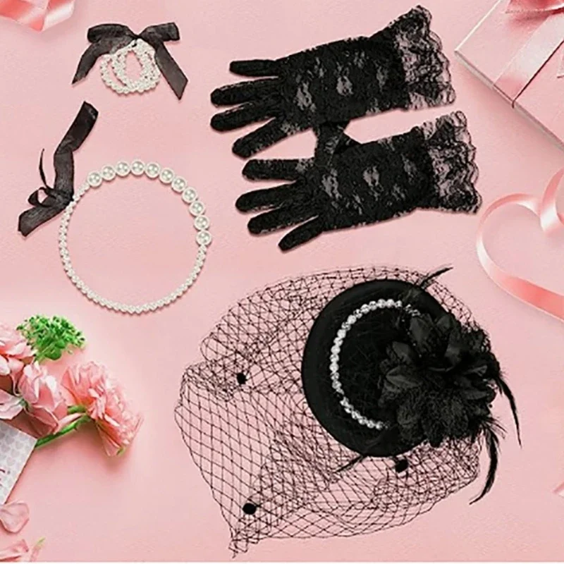 5Pcs/Set Kids Girls Party Headband Hat Short Lace Gloves Pearl Necklace Wedding Party Cosplay Gentlewomen Costume Accessories